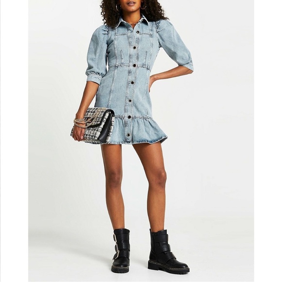 River Island Tinker T Frill Mini Denim Shirt Dress in Light Blue - Picture 2 of 16